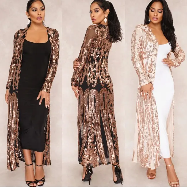 Hot sell long sleeves casual fashion reflective mesh sequins dress cotton abaya open sexy out wear for women A335