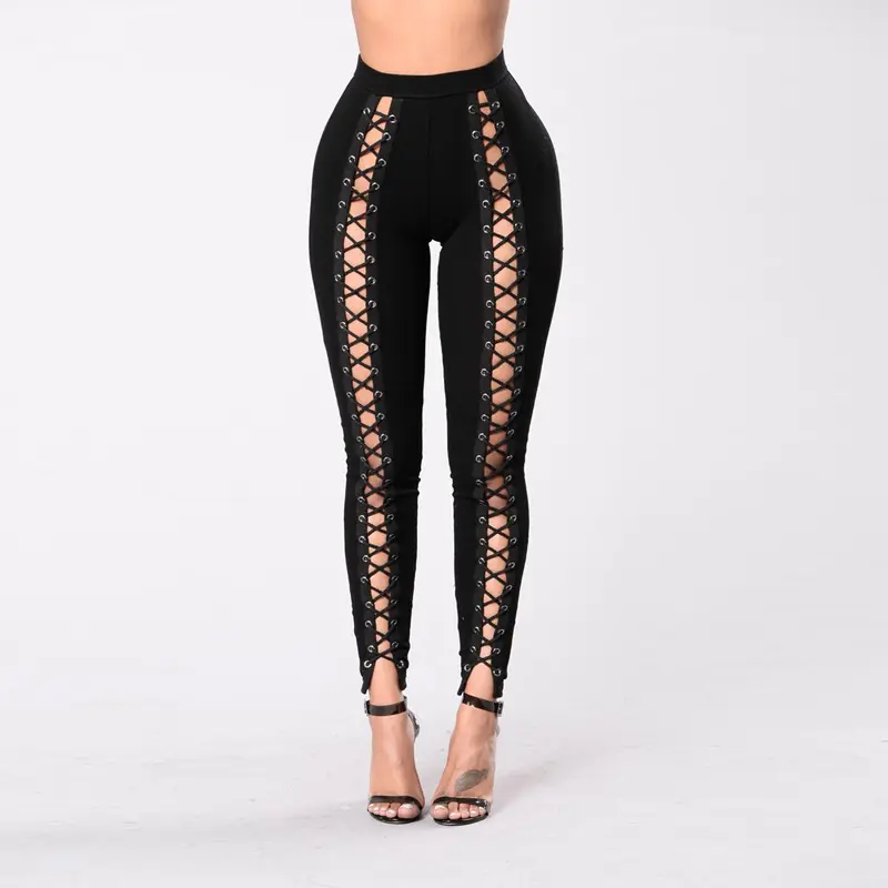 Frauen Sexy Loch Lange Hosen Legging Lace UP Skinny Slim Schwarz Weiß Hose Weibliche Kreuz Krawatte Elastische Bleistift hose Damen E8001