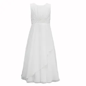 D30309長袖の白いシフォンの女の子の聖体拝領ドレス