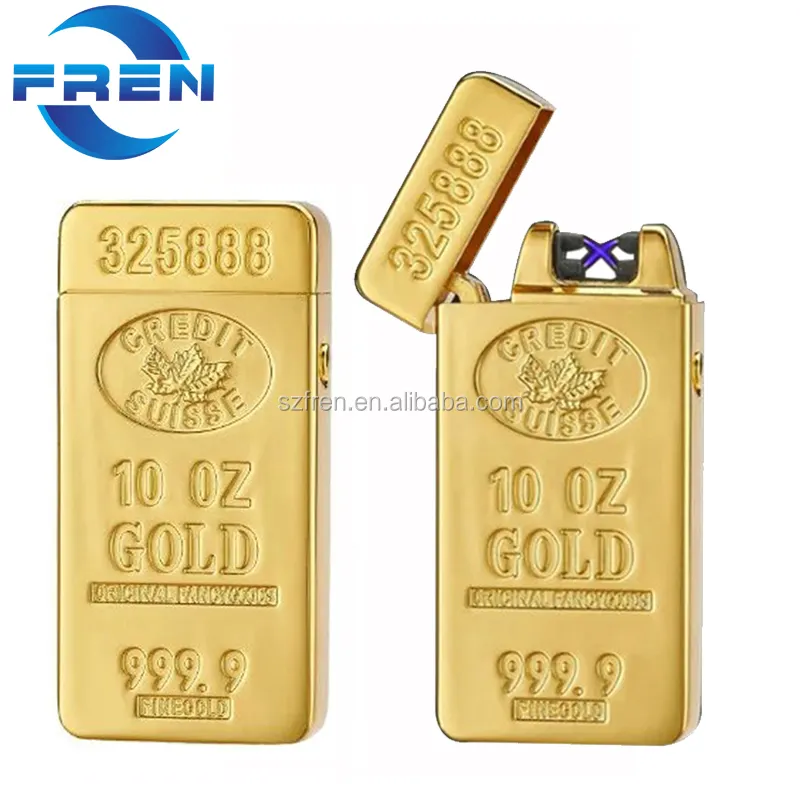 Free Sample FR-689 USB Rechargeable Electric Double Arc Plasma Lighter Metal GOLD Bar Lighter