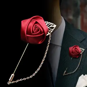 High Quality MenのSuits Gold Leaves Roses Brooches Corsage Flowers Long Needle With Chain Handmade Lapel Pin Brooch