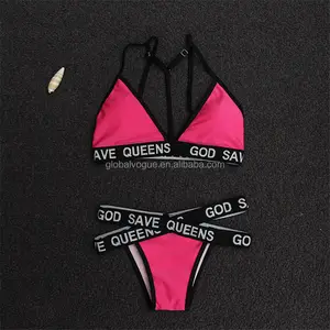 Dark Pink God Save Queen Letter Cetak Bikini Set Pakaian Renang Balutan Hitam Bikini Brasil Monokini