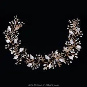 Hand Perlen Blumen Charms und Gold Leaf Entwined Crystal Hair Vine Vintage Braut Haarband