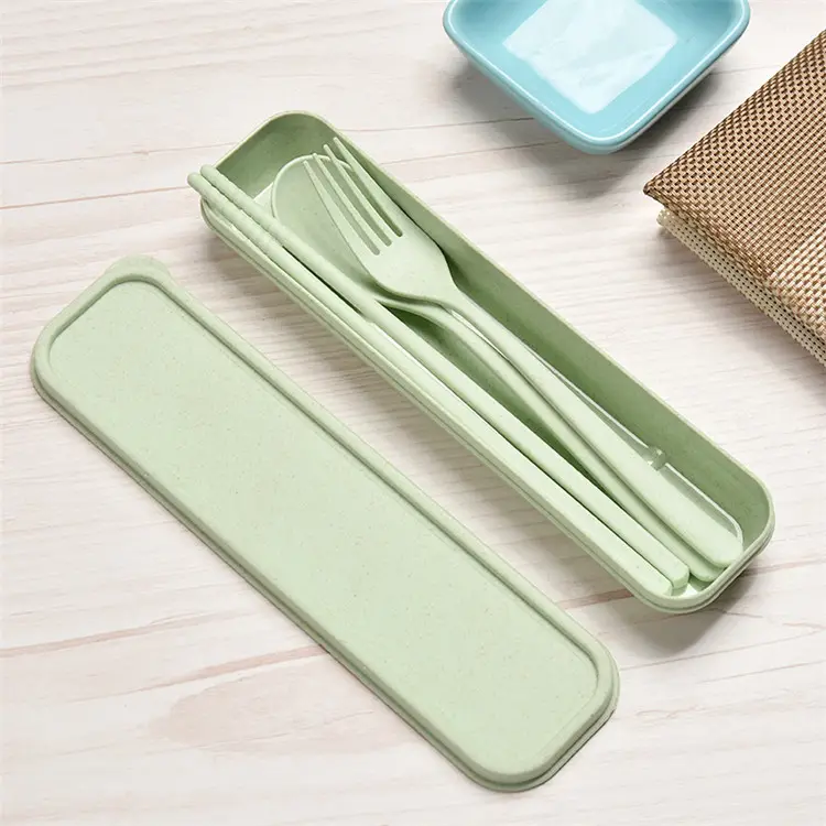 3Pcs/set ECO Friendly Wheat Straw Outdoor Portable Fork Spoon Chopsticks Flatware Cutlery Set With Case