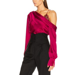 Moda Sexy in raso con una sola spalla in <span class=keywords><strong>pizzo</strong></span> Cami a strati <span class=keywords><strong>maglia</strong></span> a <span class=keywords><strong>maniche</strong></span> lunghe da donna - Product Image 5