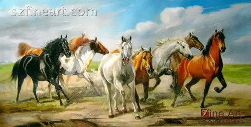 Peinture à l'huile réaliste de groupe de chevaux, sur fond uni, 16 pouces