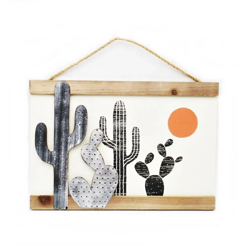 New Product Rustic Wood Wall Hanging with Metal Cactus and Burlap Strings for Gifts Garden Home PUB Cafe Hotel Decoration