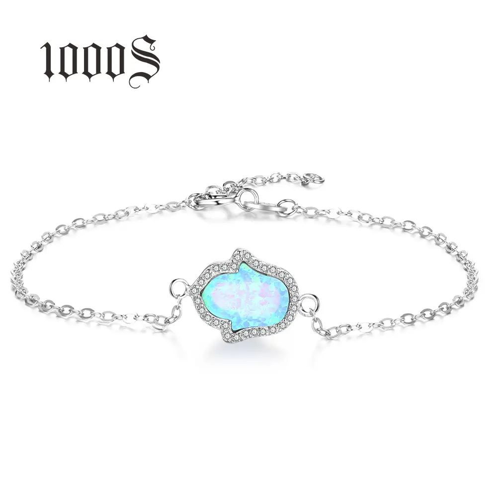 Lovely Hamsa Opal Hand Bracelet 925 Sterling Silver Tiny Chain Blue Opal Bracelet