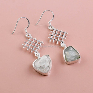 925 Sterling Silver Gemstone <b>Earrings</b>, Natural <b>Aquamarine</b> Rough Gemstone Jewelry, Unique Jewelry Supplier ,Fine Jewelry Suppler - Product Image 1
