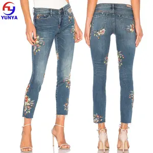 New floral embroidery design high quality women's jean back pocket pants