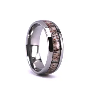 8mm Dome Shape Comfort Fit Deer Antler Inlaid Tungsten Ring Wedding Band