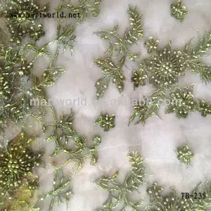 Gros vert broderie perlée dentelle strentch tissu pour robe de mariée (TB-236)