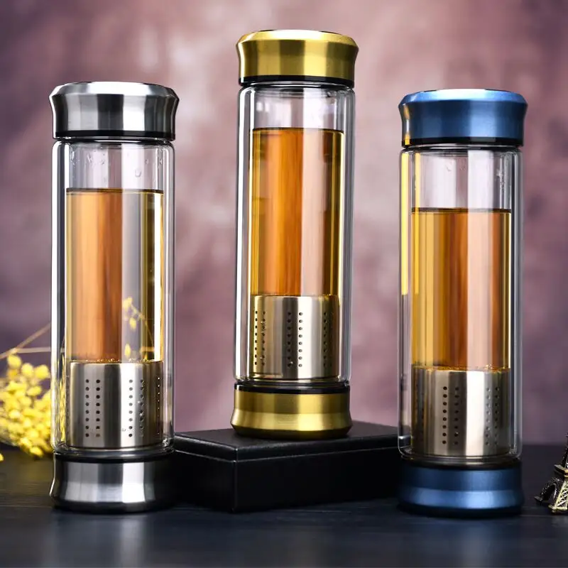 Garrafa térmica com infusor de chá, copos de vidro isolados para chá e café, borosilicado, 400ml/13 oz