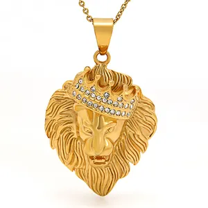 Marlary-Colgante de acero inoxidable con diamantes de imitación, estilo Hip Hop, oro de 18K, corona de rey, cabeza de león