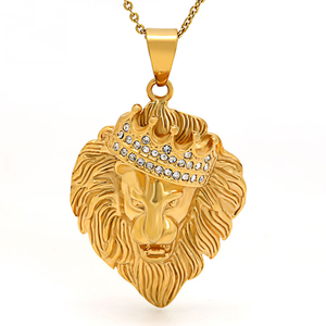 Marlary Hip Hop Style Cristal Strass En Acier Inoxydable 18K Plaqué Or <span class=keywords><strong>Roi</strong></span> Couronne Pendentif Tête de <span class=keywords><strong>Lion</strong></span> - Product Image 1