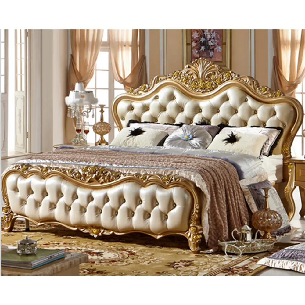 النمط الفرنسي العتيقة تصميم الملك الحجم الخشب جلد طبيعي فاخر السرير