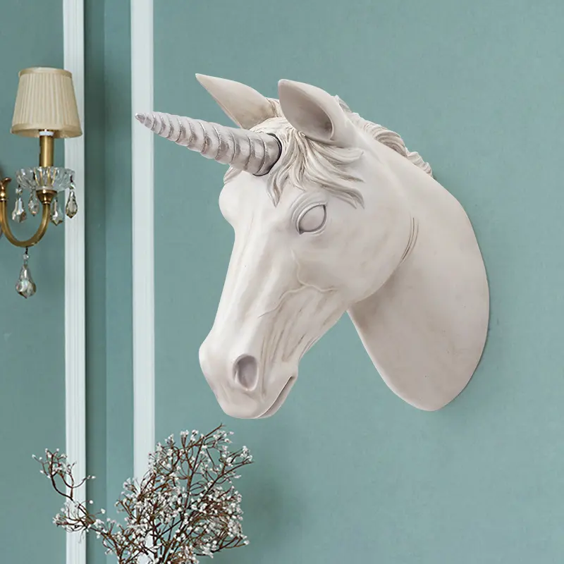 ROOGO Minimalist Art Deco Benzersiz Reçine Unicorn At Büstü Heykeli 3D Duvara Monte Dekor
