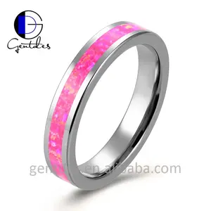 Gentdes Jewelry 4MM Silver Fire Opal Inlay Wedding Band Women Tungsten Pink Wedding Band Men's Engagement Ring