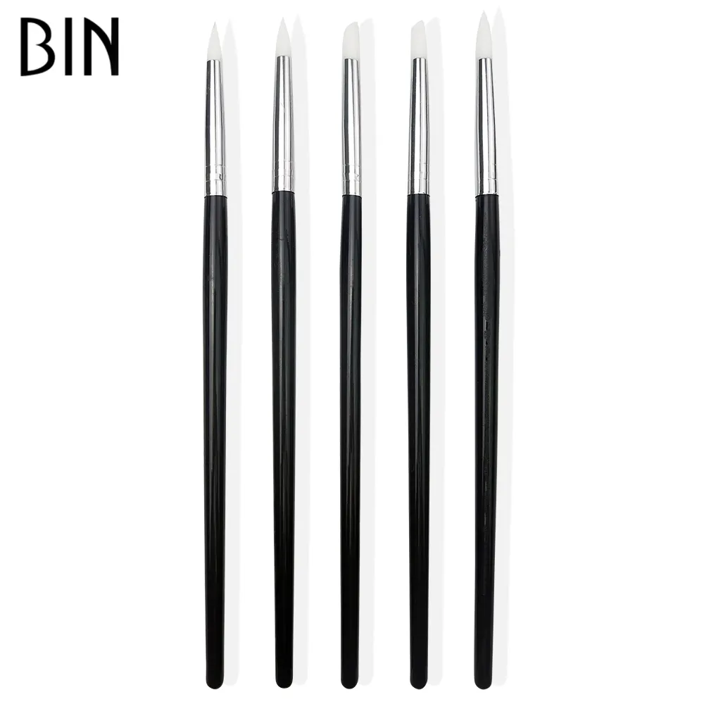 Bin 5Pcs Set Hout Siliconen Puntjes Nail Pen Acryl Nail Art Verf Air Brush Set