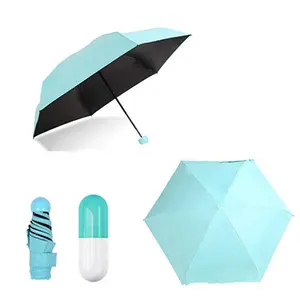 Mini paraguas ligero con recubrimiento UV negro, 5 pliegues, tamaño de bolsillo, cápsula bonita para regalo de promoción, paraguas con estampado de logotipo personalizado