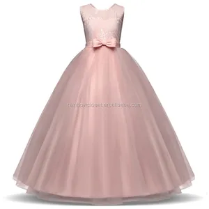 Vestido de renda rosa de crochê para meninas, vestido de baile com laço e laço, sem mangas, comprimento máximo, para casamentos, festas formais, algodão para idades de 12 anos