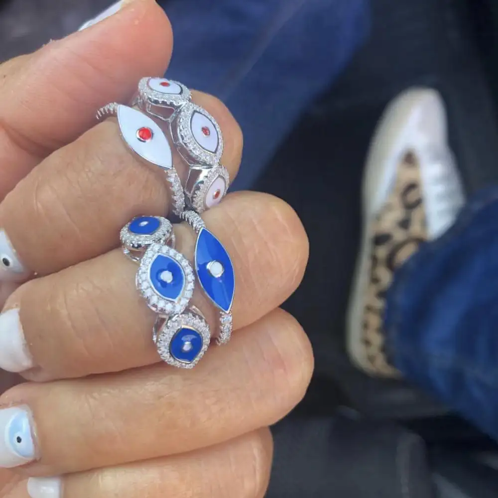 Verzilverd Micro Pave Cz Emaille Blauw Wit Eye Turkse Lucky Fashion Ring
