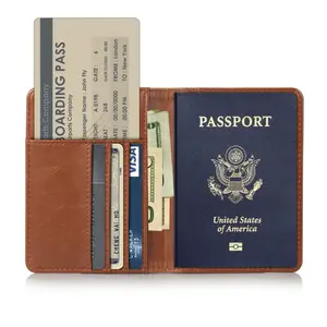 Funda de pasaporte de cuero genuino personalizada con bloqueo RFID, billetera de viaje