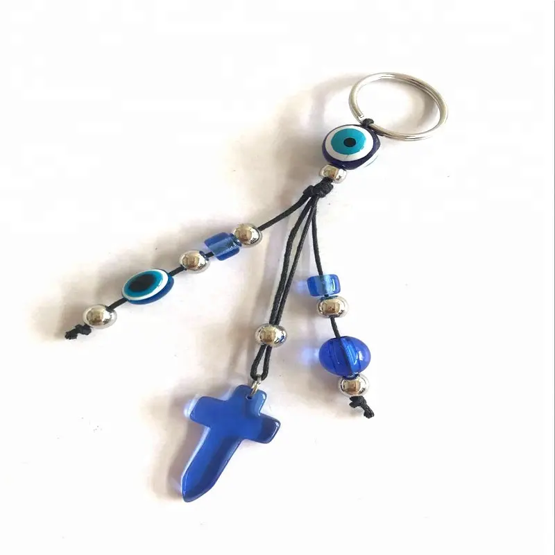 Wholesale Greek Cross Pendant Evil Eye KeyChain With Blue Glass Bead