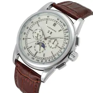 2024 Forsining hot sale casual fashion watch automatic moon phase genuine leather strap unisex wrist watch