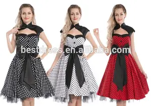 2014 caliente de la venta más barato bestdress uk6-24 tamaño plus vintage 1950's partido rojo lunares negro vestido