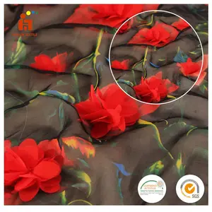 high quality printed 100% polyester chiffon woven 3D pure georgette fabric with red flower embroidered Chiffon fabric