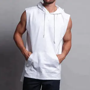 Mens Kustom Bekerja Gym Pullover Putih Ekor Longline Otot Tanpa Lengan Hoodie