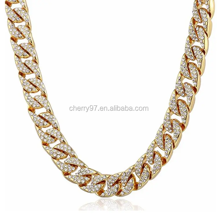 14mm Mens Womens Chain Miami Curb Cuban Gold Plated Paved Clear Rhinestones Necklace
