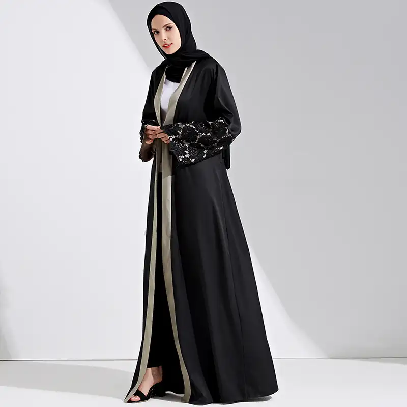 मुस्लिम महिलाओं किमोनो abaya सफेद फीता सजाया काले abaya मुस्लिम किमोनो निदा लंबी पोशाक के साथ बेल्ट