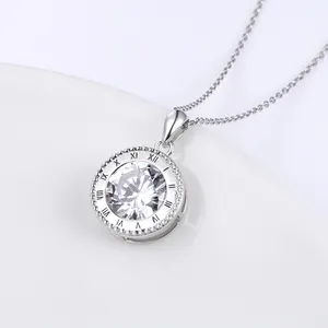 925 Sterling Silver Round Cubic Zirconia Clock Pendant Necklace for Women
