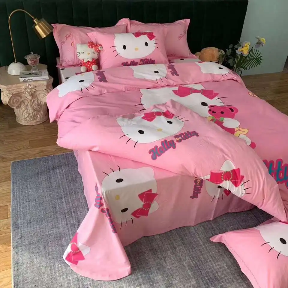 Hello Kitty Cartoon Printed 100% polyester Bed Sheet Bedding Set