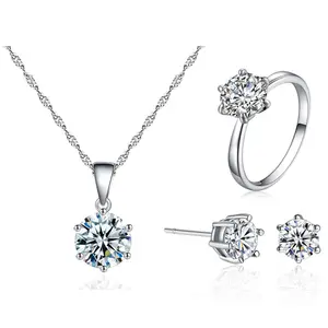 Wholesale Classic Crystal White Gold Plated Round Single CZ Stone Necklace Ring and Earring 3 PCS Bridal Jewelry Set