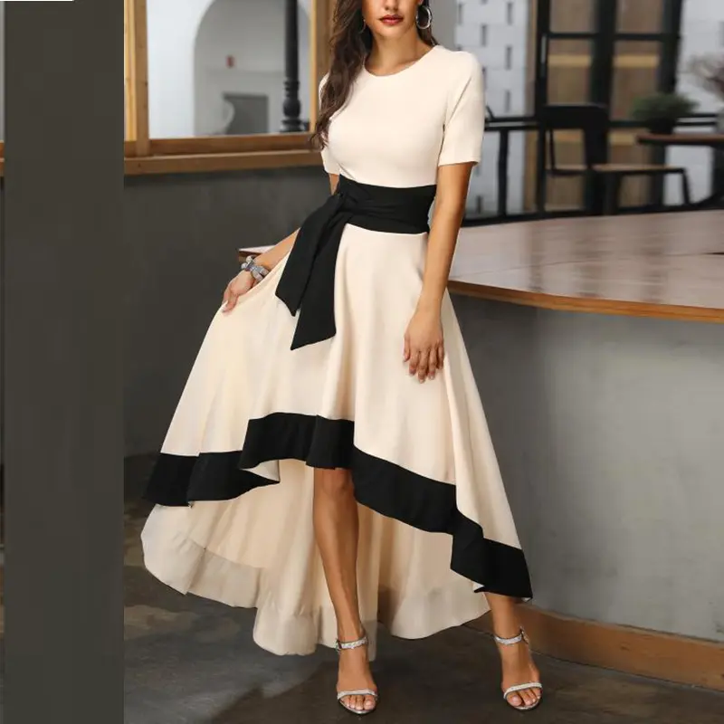 Women polyester Round Neckline Short Sleeve Colorblock Insert Dip Hem Dress Irregular Dress Asymmetrical hem banquet dress