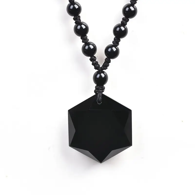 Geometrica nera ossidiana pendente della collana di modo naturale grande pietra tessuti a mano di perline nodo collana di dichiarazione per le donne degli uomini