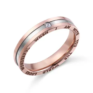 New Arrival Crystal Zircon Titanium Steel Ros Gold Engraved Ring For Couple
