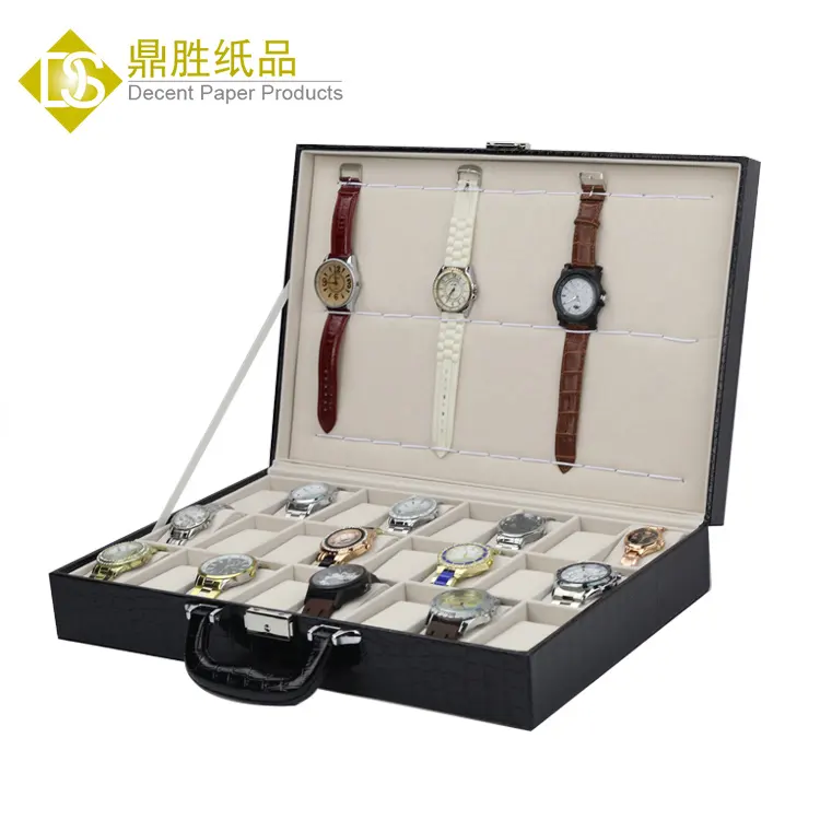 Cajas de cuero de PU Croco de alta calidad, organizador grande de 36 relojes, cajas de maleta de exhibición al por mayor, color negro