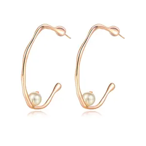 批发时尚时尚风格珠宝玫瑰金颜色模拟珍珠不规则大圈耳环耳环为妇女 E066