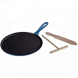 朗居铸铁烧烤盘和烤盘炉灶台绉纱平底锅，配有木制绉纱吊具