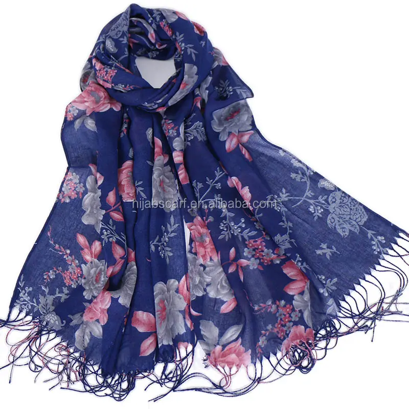 Ladies Fashion Viscose Wraps Shawls Floral Muslim Printed Hijab Cotton Tassels Scarf For Woman