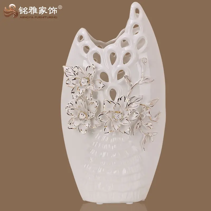 On-glazed hollow carved modern white ceramic flower vases with 3D flower