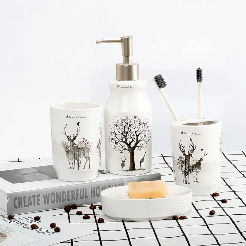 Fine Era promotional modern Design customized white 4pieces set ceramic bathroom accessory sets