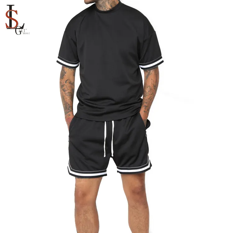 Benutzerdefinierte sommer mens polyester atmungsaktiv schweiß anzüge großhandel schwarz fußball kurze trainingsanzug sets für männer