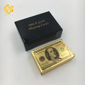 Juego de cartas de oro 999,9 con imagen de billete de 100USD con caja de madera negra para niños, regalos de placer