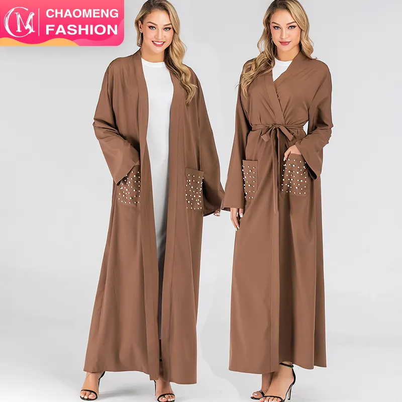 1738 #2019 Neues Musselin Frauen kleid Braunes Kimono Abaya vorne offen Abaya Maxi Abaya Kleid mit Perlen tasche