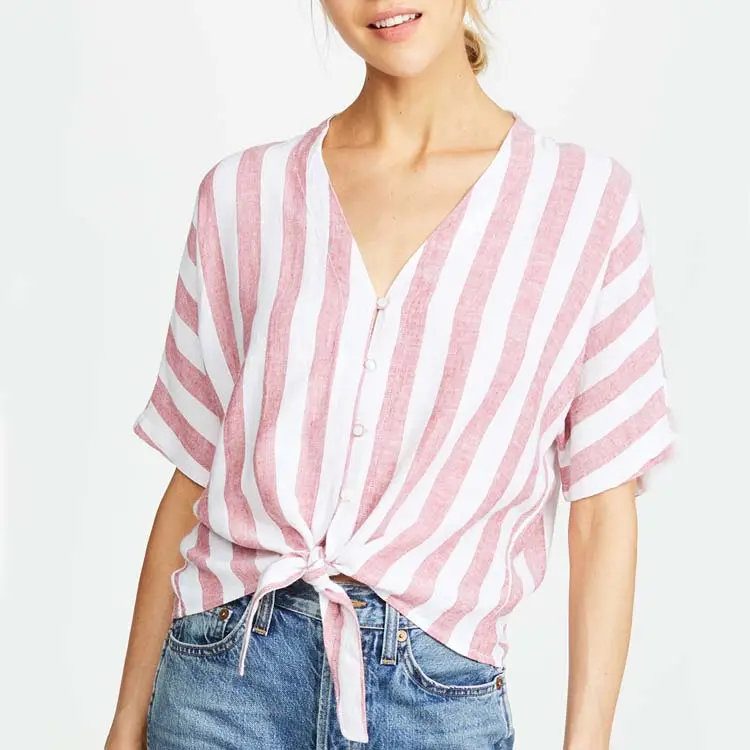 Female Womens Tops Fashion Striped V- neck Women Short Sleeve Blouse